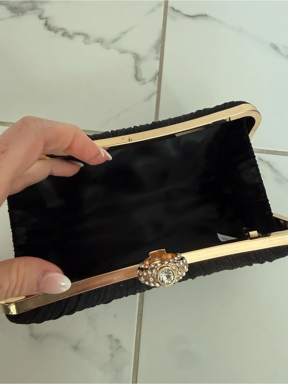Amazon Black Pleated Evening Clutch with Jeweled Ring